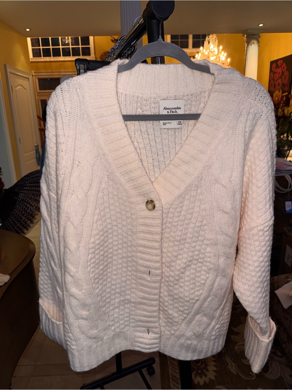 Abercrombie & Fitch Cream Cable Knit Button-Front Cardigan